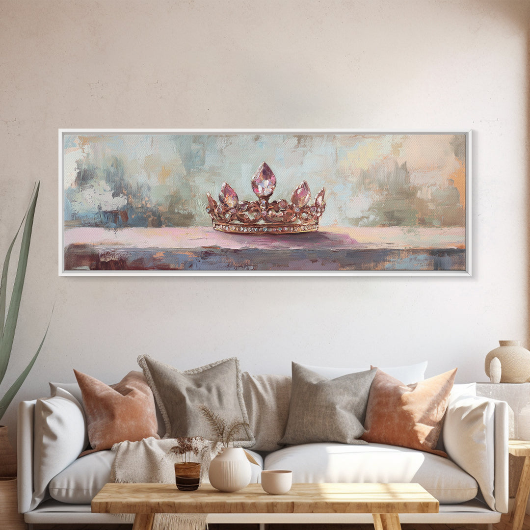 Jeweled Princess Crown Still Life Framed Canvas Print, Feminine Wall Art, Romantic Bedroom Decor, Coquette Room Decor Gift For Her