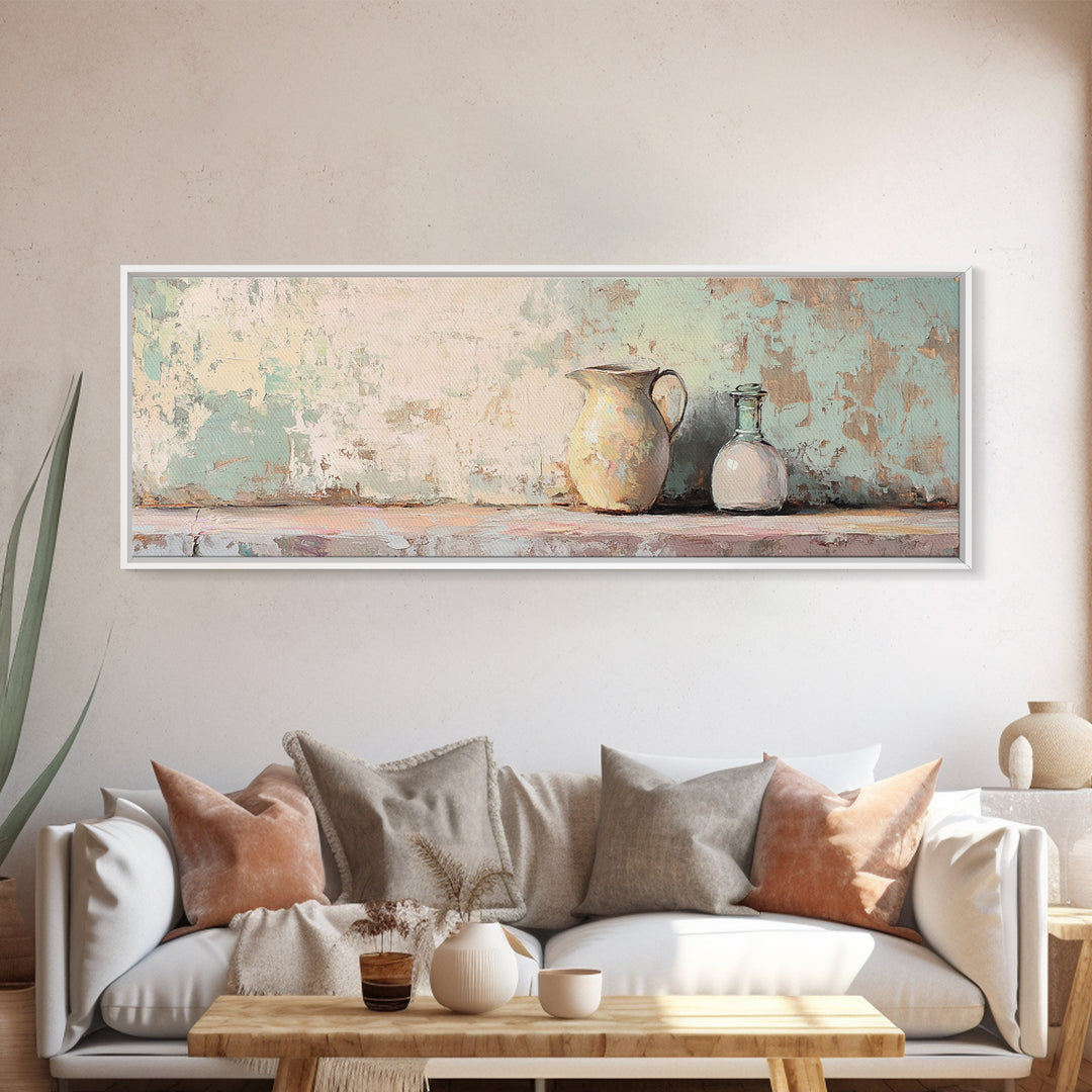 Cream Pitcher And Glass Bottle Still Life Canvas Print, Rustic Farmhouse Wall Art, Neutral Kitchen Decor, Housewarming Gift