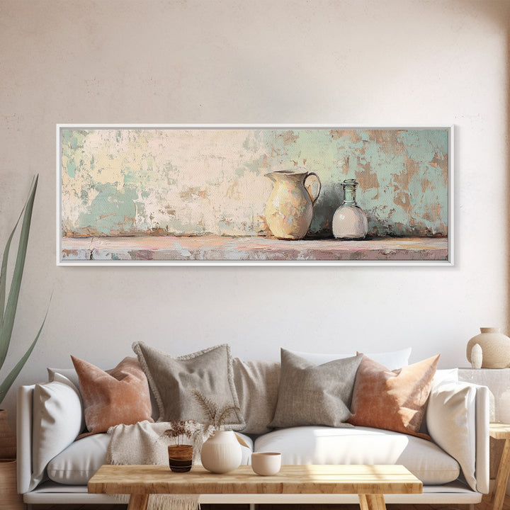 Cream Pitcher And Glass Bottle Still Life Canvas Print, Rustic Farmhouse Wall Art, Neutral Kitchen Decor, Housewarming Gift