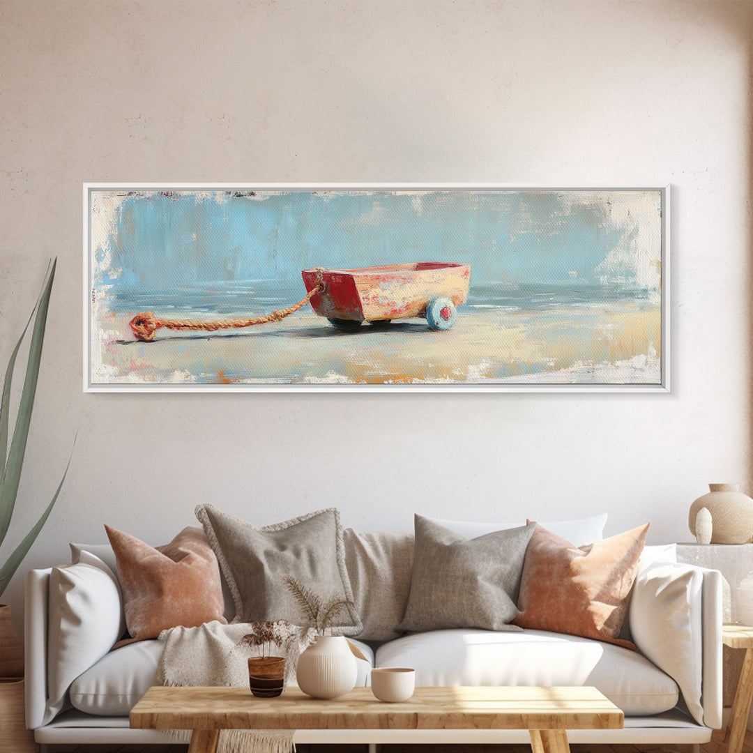 Small Red Toy Boat With Rope Framed Canvas Print, Nautical Wall Art, Coastal Nursery Decor, Beach House Gift For Kids Room Decor