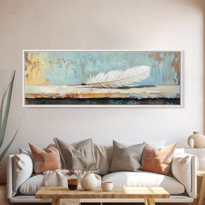 White Feather Still Life On Blue Canvas Print, Boho Wall Art, Minimalist Nature Decor, Peaceful Bedroom Decor Gift For Her
