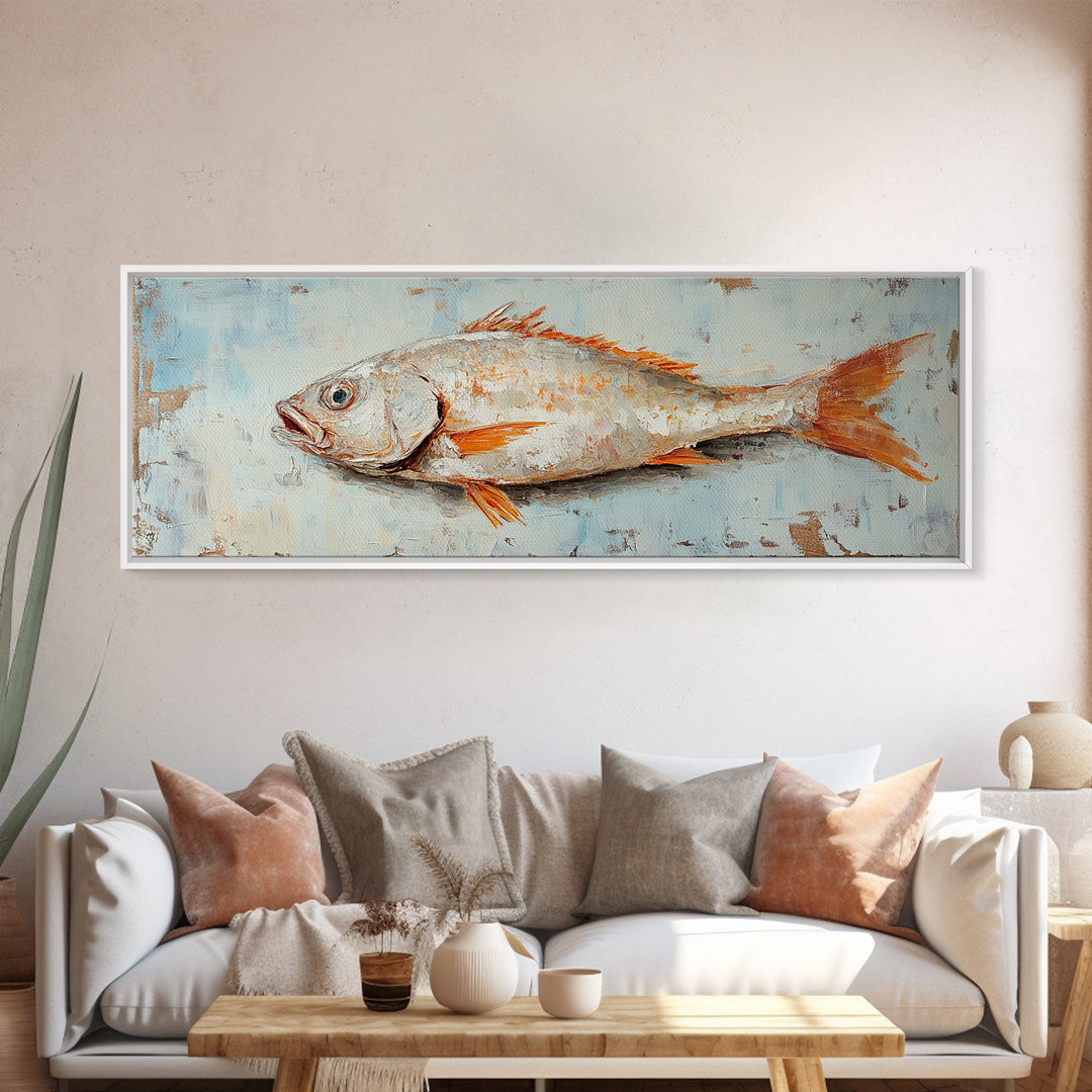 Textured Silver Fish Coastal Wall Art, Nautical Kitchen Decor, Seafood Painting Print, Beach House Ocean Art, Rustic Canvas