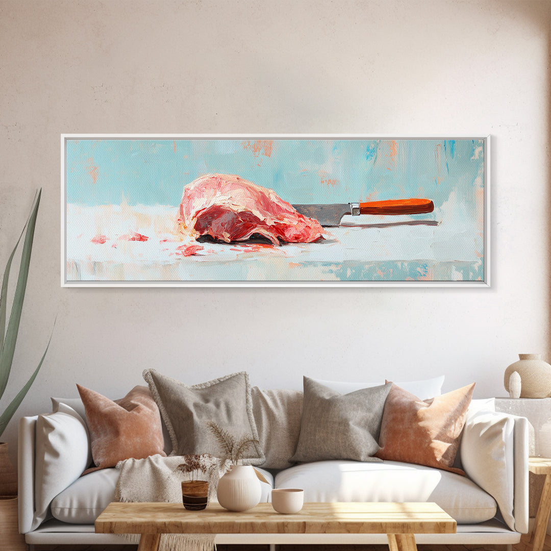 Pink Steak And Knife Kitchen Canvas Print, Butcher Shop Wall Decor, Foodie Gift, Rustic Still Life Art For Dining Room Decor