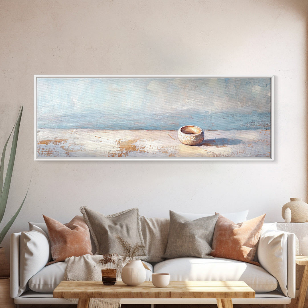Tiny Ceramic Bowl On Blue Ledge Wall Art, Minimalist Coastal Decor, Neutral Still Life Print, Calm Japandi Home Decor Art