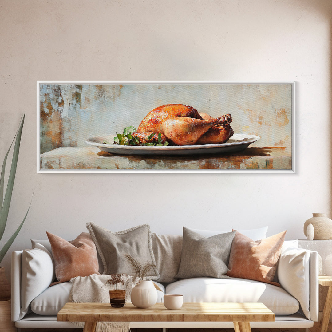 Roasted Chicken On White Platter Canvas Print, Rustic Kitchen Wall Decor, Food Art, Dining Room Decor, Housewarming Gift