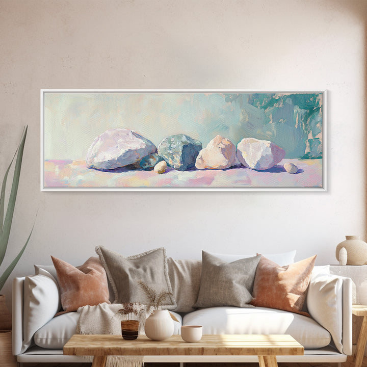 Pastel Stone Still Life Wall Art, Neutral Coastal Canvas Print, Minimalist Nature Decor, Serene Living Room Wall Decor Prints