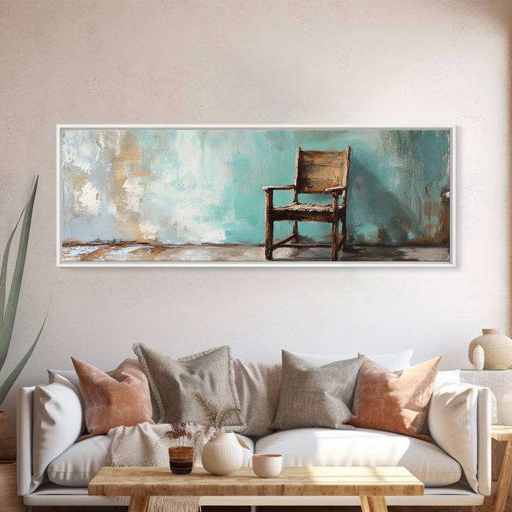 Rustic Empty Chair Wall Art, Moody Minimalist Framed Canvas Print, Wabi Sabi Office Decor, Neutral Living Room Wall Decor