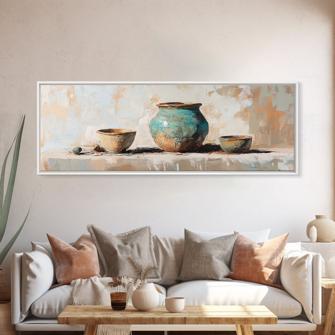 Turquoise Pottery Still Life Wall Art, Rustic Kitchen Decor, Farmhouse Canvas Print, Neutral Dining Room Art Print Gift Idea
