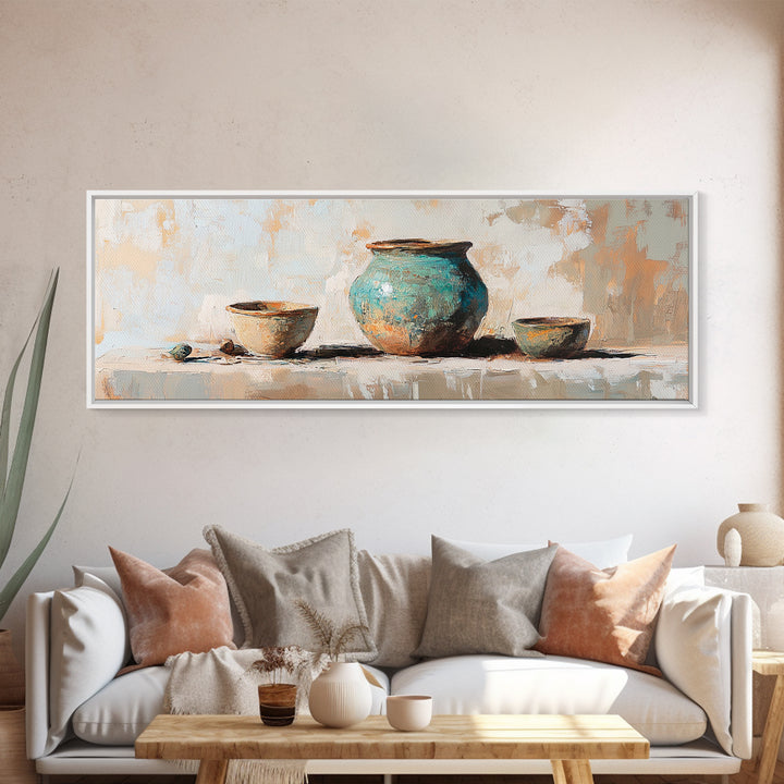 Turquoise Pottery Still Life Wall Art, Rustic Kitchen Decor, Farmhouse Canvas Print, Neutral Dining Room Art Print Gift Idea