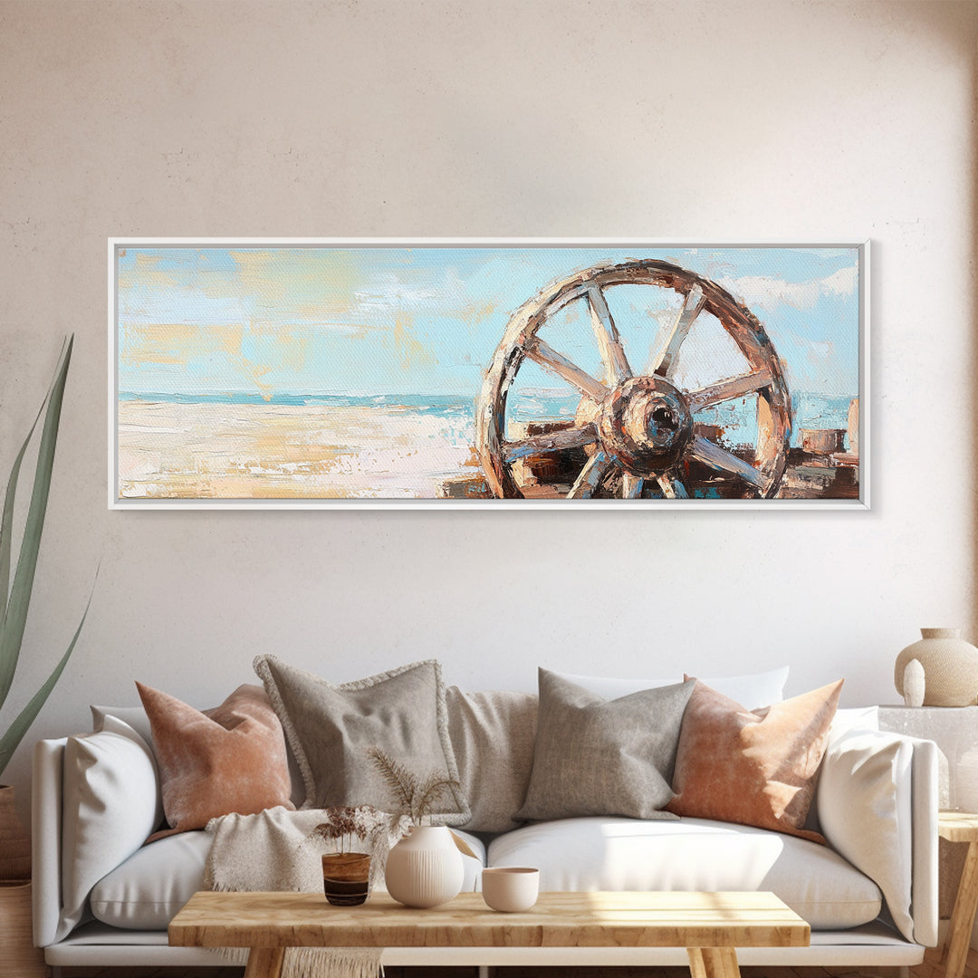 Weathered Wagon Wheel Wall Art, Coastal Beach Decor, Rustic Nautical Canvas Print, Beach House Wall Decor, Large Seascape Gift