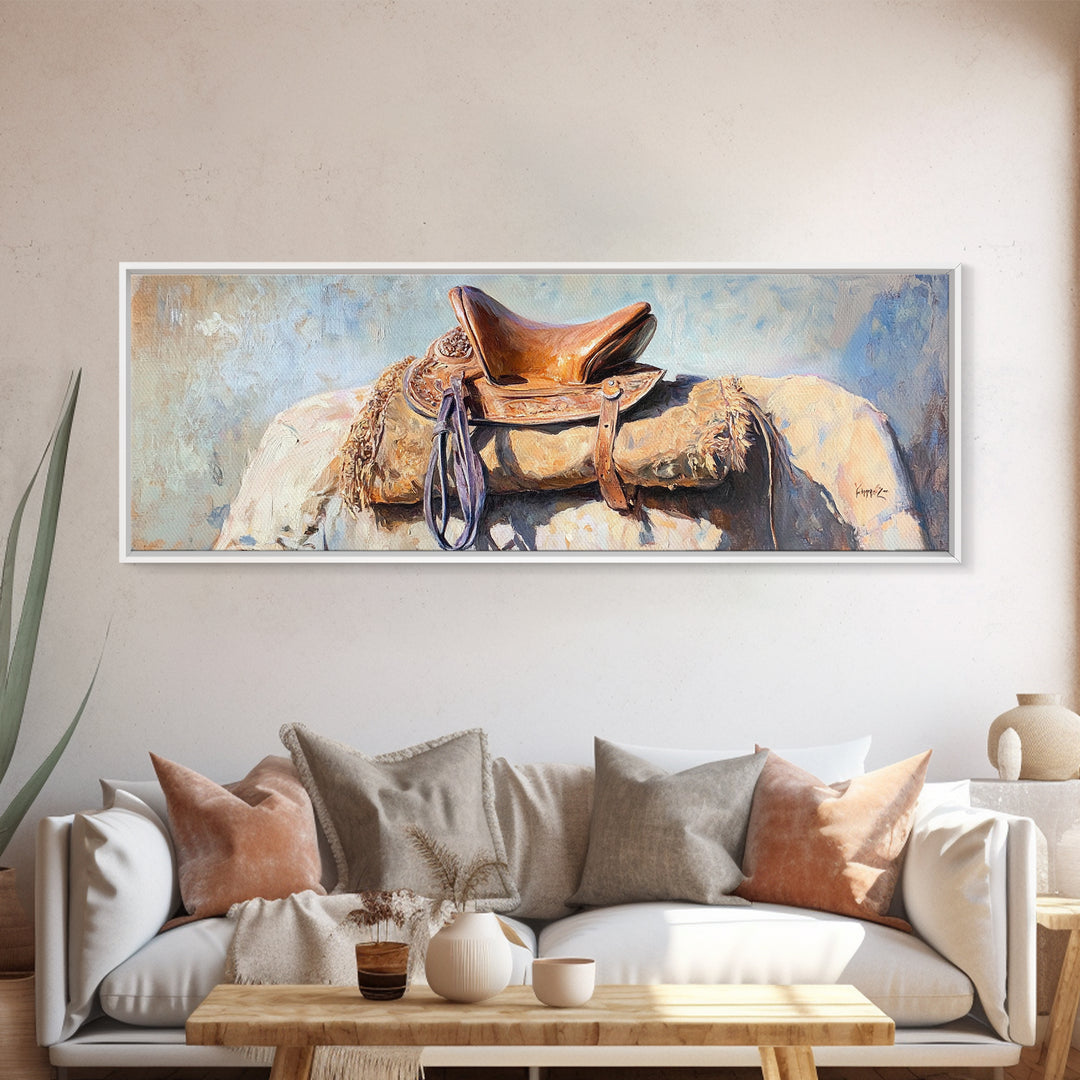 Western Horse Saddle Wall Art, Rustic Ranch Decor, Cowboy Farmhouse Canvas Print, Equestrian Wall Decor, Horse Lover Gift For Him