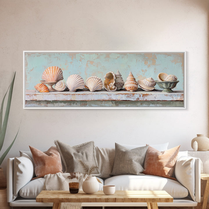 Pastel Seashell Shelf Still Life Framed Canvas Print, Coastal Wall Art, Beach House Decor, Nautical Bathroom Wall Decor, Ocean Print
