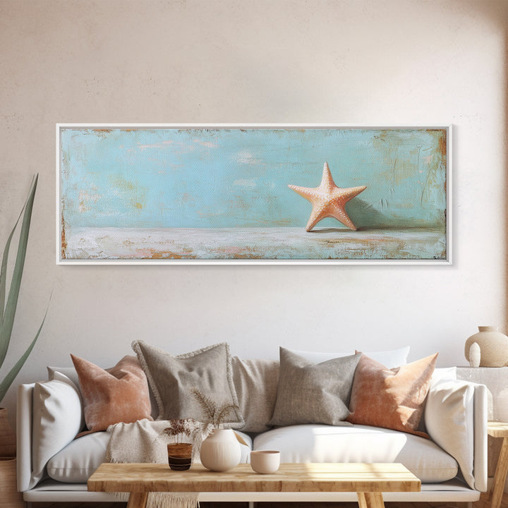 Single Starfish On Weathered Blue Shelf Wall Art, Minimalist Coastal Decor, Beach House Bathroom Canvas Print, Ocean Wall Decor