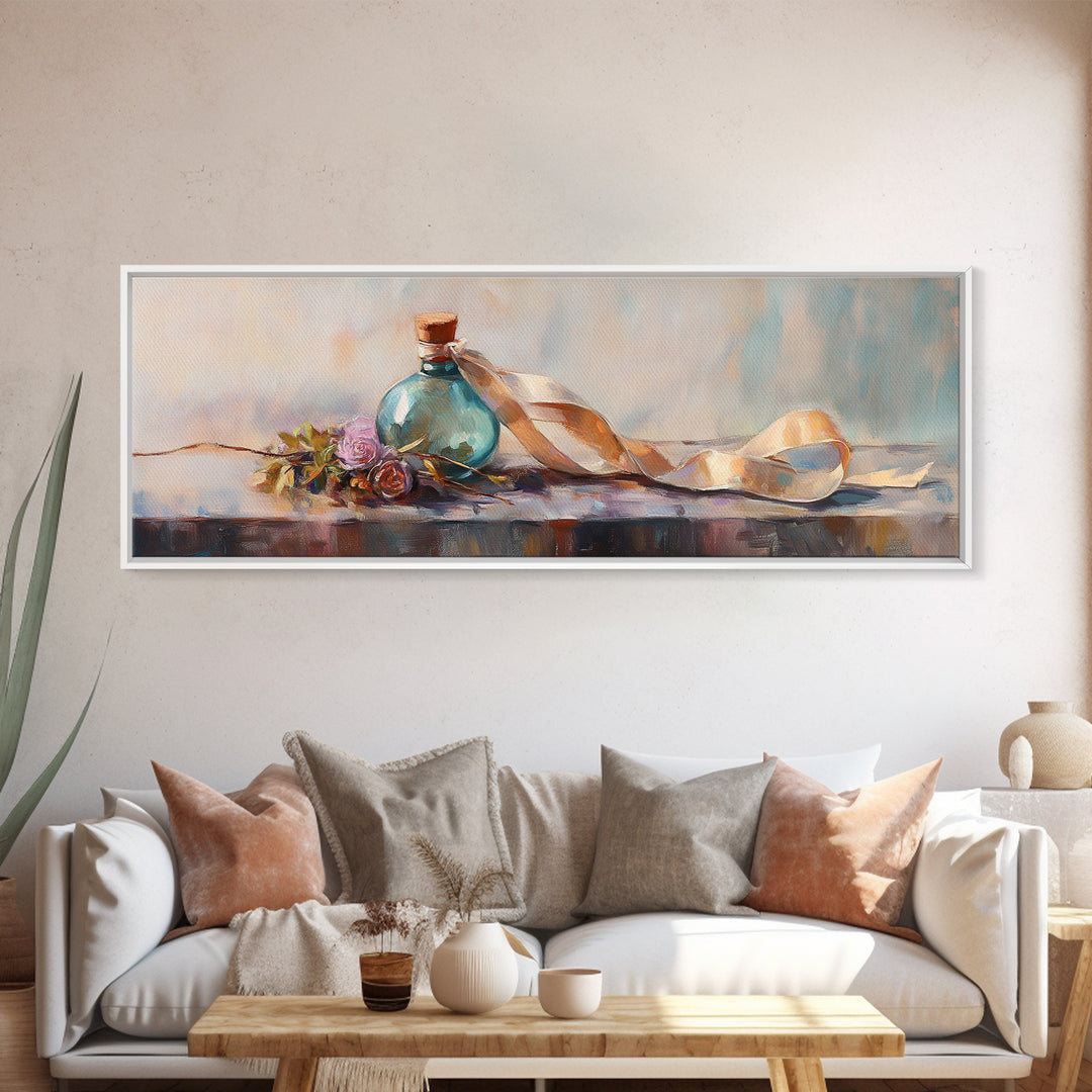 Coastal Bottle Ribbon And Shell Still Life Framed Canvas Print, Beach House Wall Art, Nautical Decor, Soft Pastel Art, Home Decor