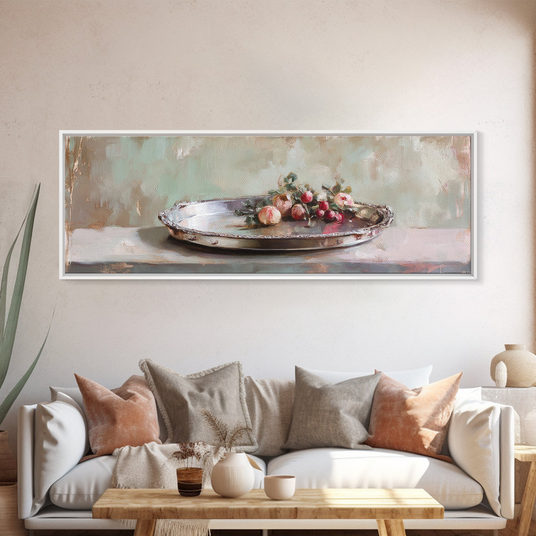 Antique Silver Tray With Red Berries Wall Art, Rustic Still Life Framed Canvas Print, Farmhouse Dining Room Decor, Kitchen Wall Decor