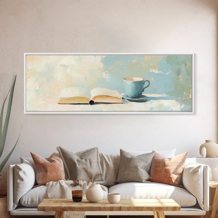 Open Book And Blue Teacup Wall Art, Cozy Reading Nook Print, Book Lover Gift, Minimalist Home Decor, Living Room Decor, Wall Decor