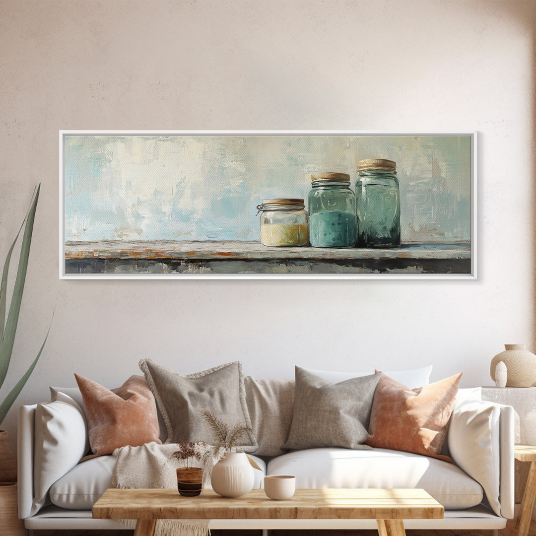 Minimalist Blue Glass Jars Canvas Print, Rustic Kitchen Wall Decor, Neutral Home Decor, Farmhouse Art, Modern Still Life Print