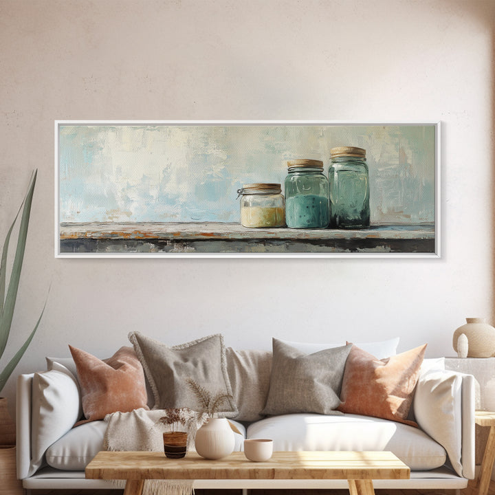 Minimalist Blue Glass Jars Canvas Print, Rustic Kitchen Wall Decor, Neutral Home Decor, Farmhouse Art, Modern Still Life Print