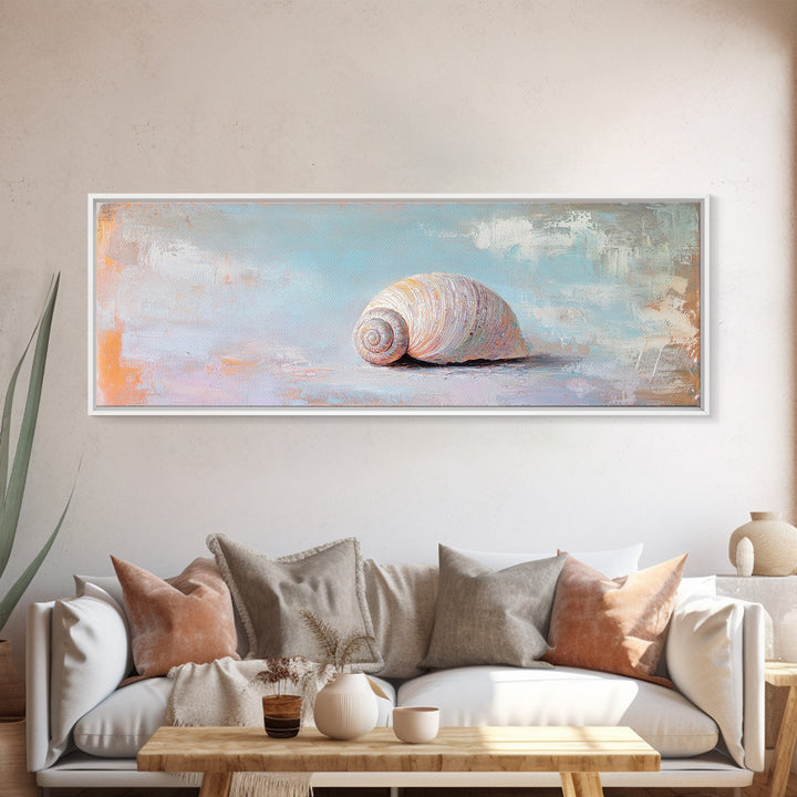Pastel Seashell On Soft Blue Sand Canvas Print, Coastal Wall Art, Beach House Decor, Ocean Nursery Art, Seaside Gift For Her