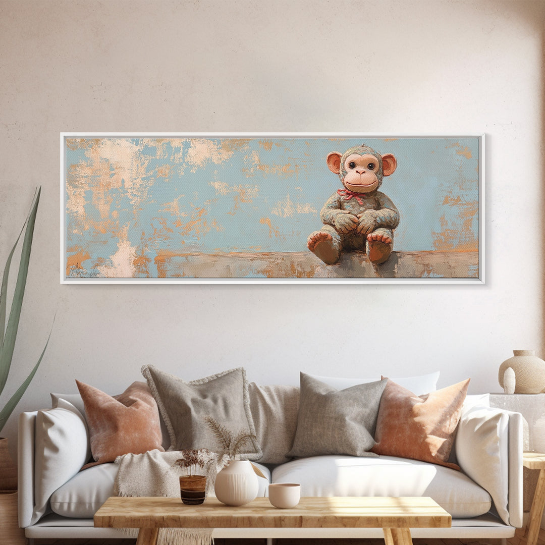 Plush Monkey Toy On Blue Nursery Wall Art, Whimsical Animal Art, Kids Room Decor, Baby Shower Gift, Cute Animal Canvas Print