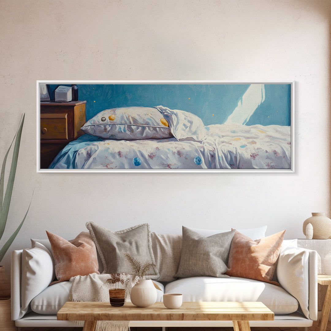 Sunlit Floral Bed With Blue Pillow Wall Art, Cozy Bedroom Decor, Guest Room Art, Above Bed Print, Romantic Canvas Print For Her