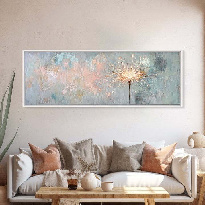 Bright Sparkler On Pastel Blue Canvas Print, Celebration Wall Art, New Year Decor, Party Wall Decor, Unique Gift For Her