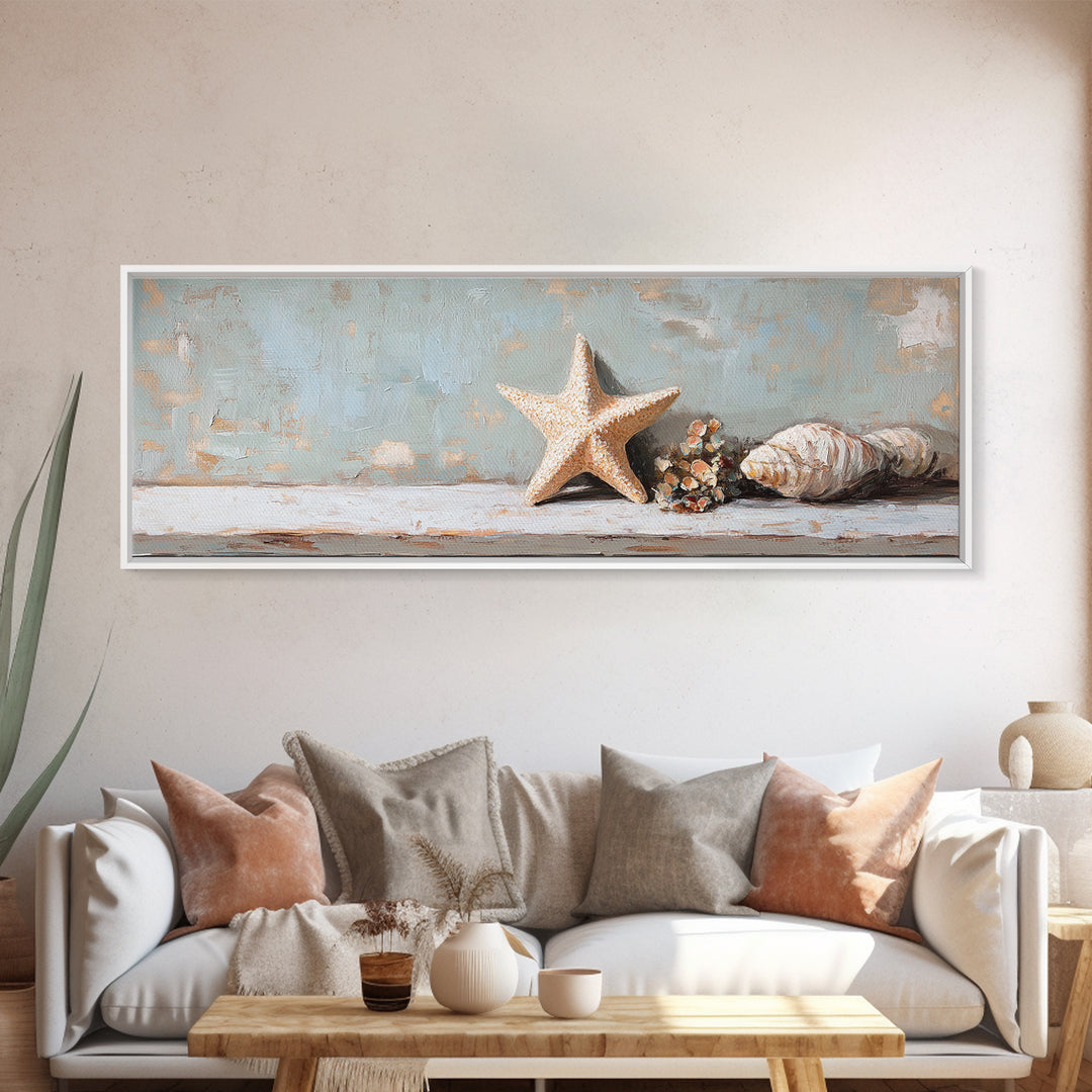 Starfish And Conch Shell Wall Art, Coastal Bathroom Decor, Beach House Canvas Print, Nautical Ocean Home Decor Housewarming Gift