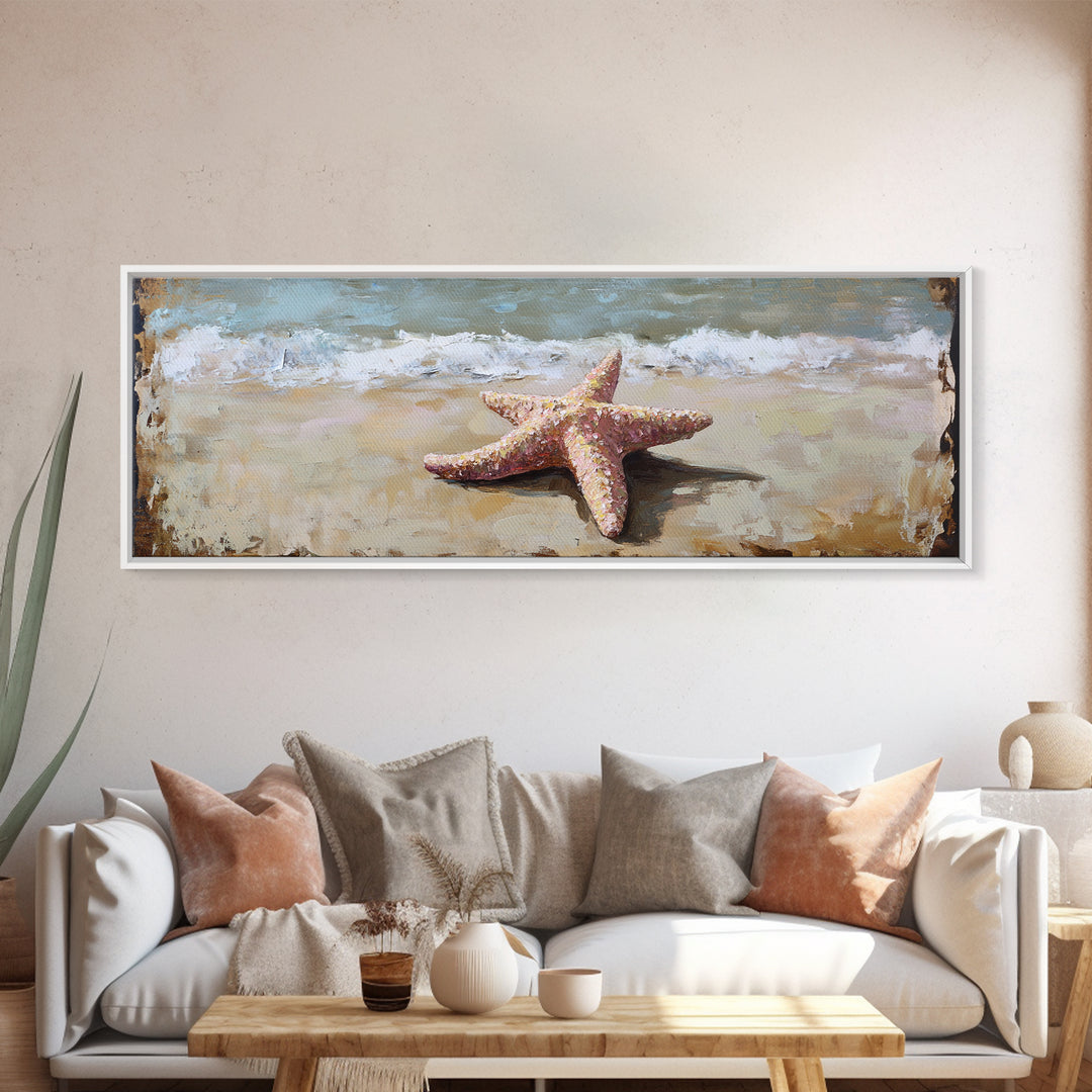Pink Starfish On Sandy Beach Canvas Print, Coastal Wall Art, Ocean Waves Decor, Summer Beach House Bathroom Wall Decor Gift
