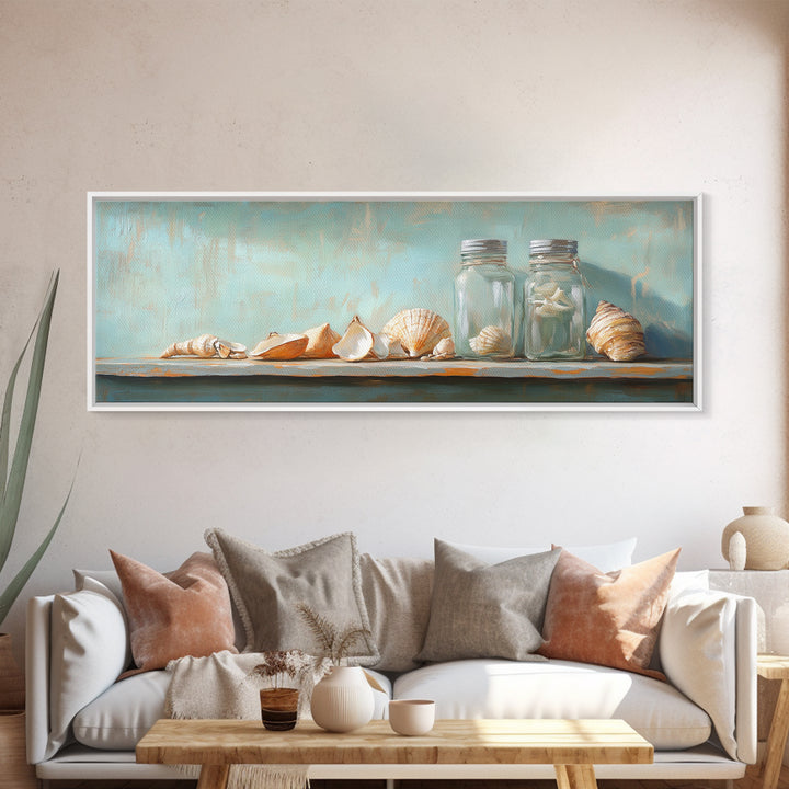 Seashells And Glass Jars Wall Art, Coastal Bathroom Decor, Beach House Canvas Print, Nautical Ocean Home Shelf Decor Gift