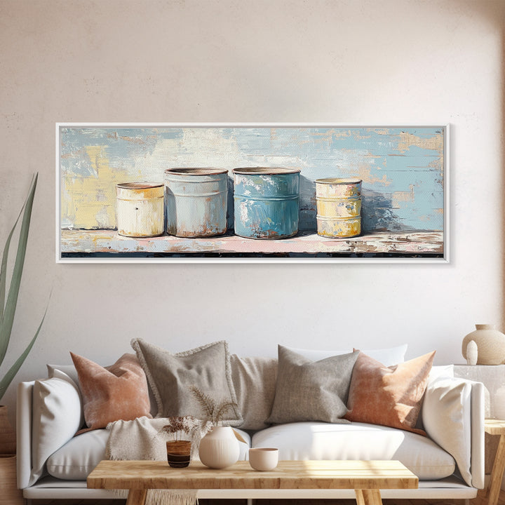 Weathered Paint Cans Still Life Wall Art, Rustic Studio Decor, Industrial Canvas Print, Blue Neutral Workshop Wall Decor Gift