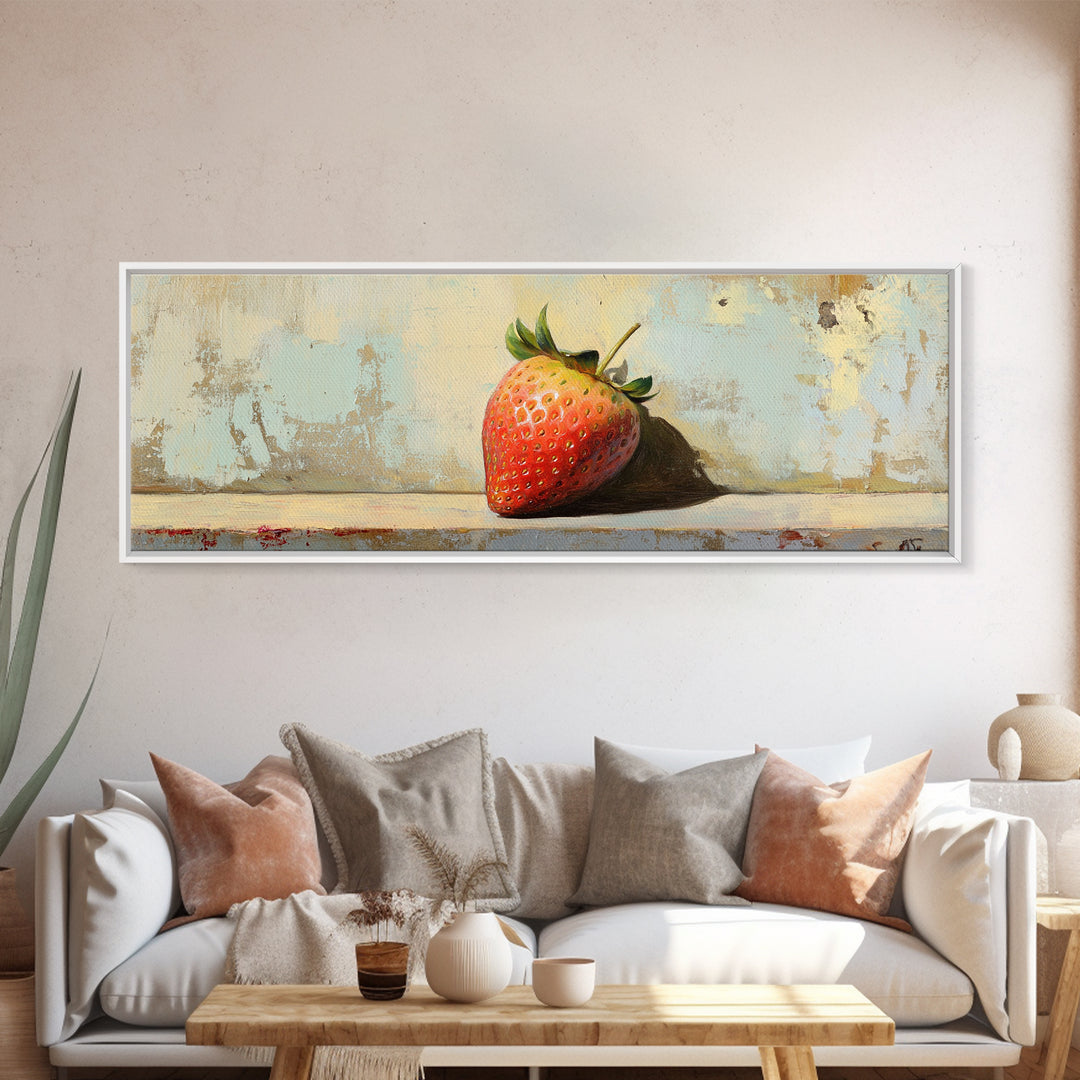 Single Strawberry Still Life Wall Art, Rustic Kitchen Decor, Fruit Art Print, Farmhouse Canvas, Dining Room Decor Gift Idea