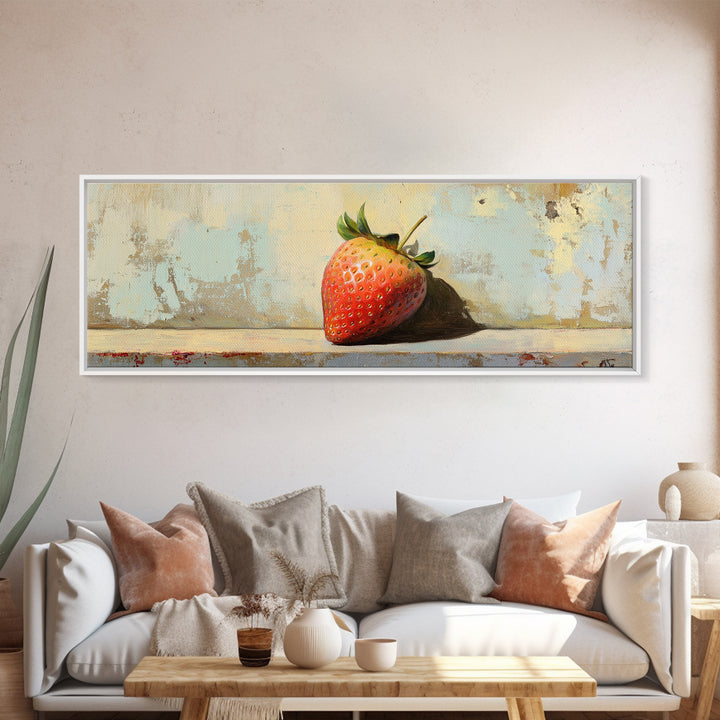 Single Strawberry Still Life Wall Art, Rustic Kitchen Decor, Fruit Art Print, Farmhouse Canvas, Dining Room Decor Gift Idea