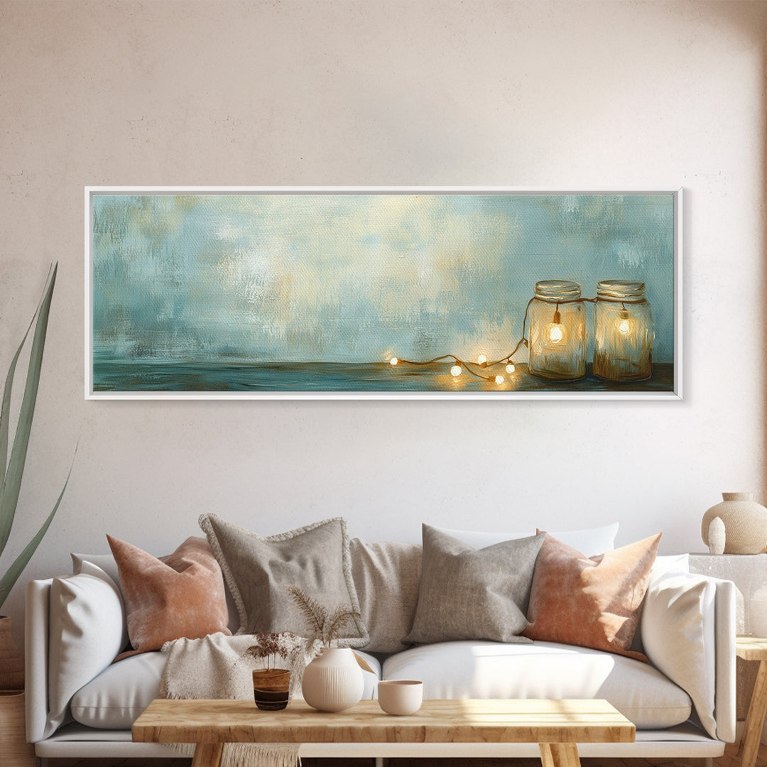 Glowing Mason Jar Lights Canvas Print, Cozy Farmhouse Wall Decor, Rustic Home Decor, Bedroom Art, Housewarming Gift For Her