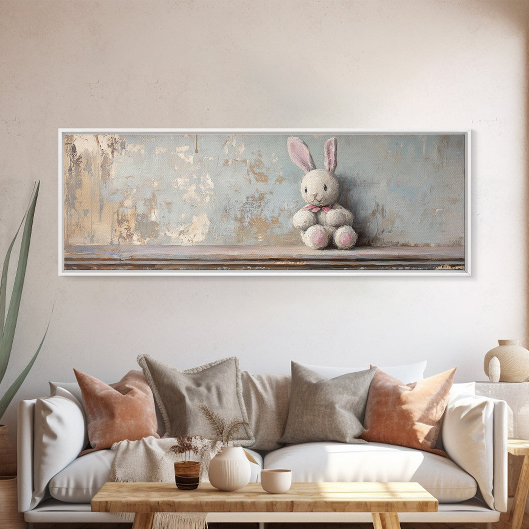 Plush Bunny Toy Wall Art, Soft Pastel Nursery Decor, Baby Girl Room Art, Whimsical Animal Print, Baby Shower Gift For Kids