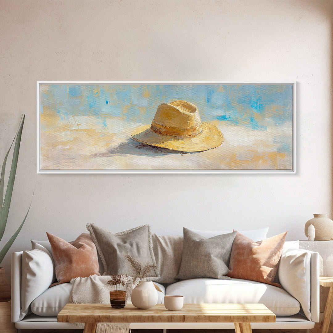 Straw Sun Hat Canvas Print, Coastal Beach Wall Art, Summer Home Decor, Minimalist Seascape, Vacation Housewarming Gift Idea