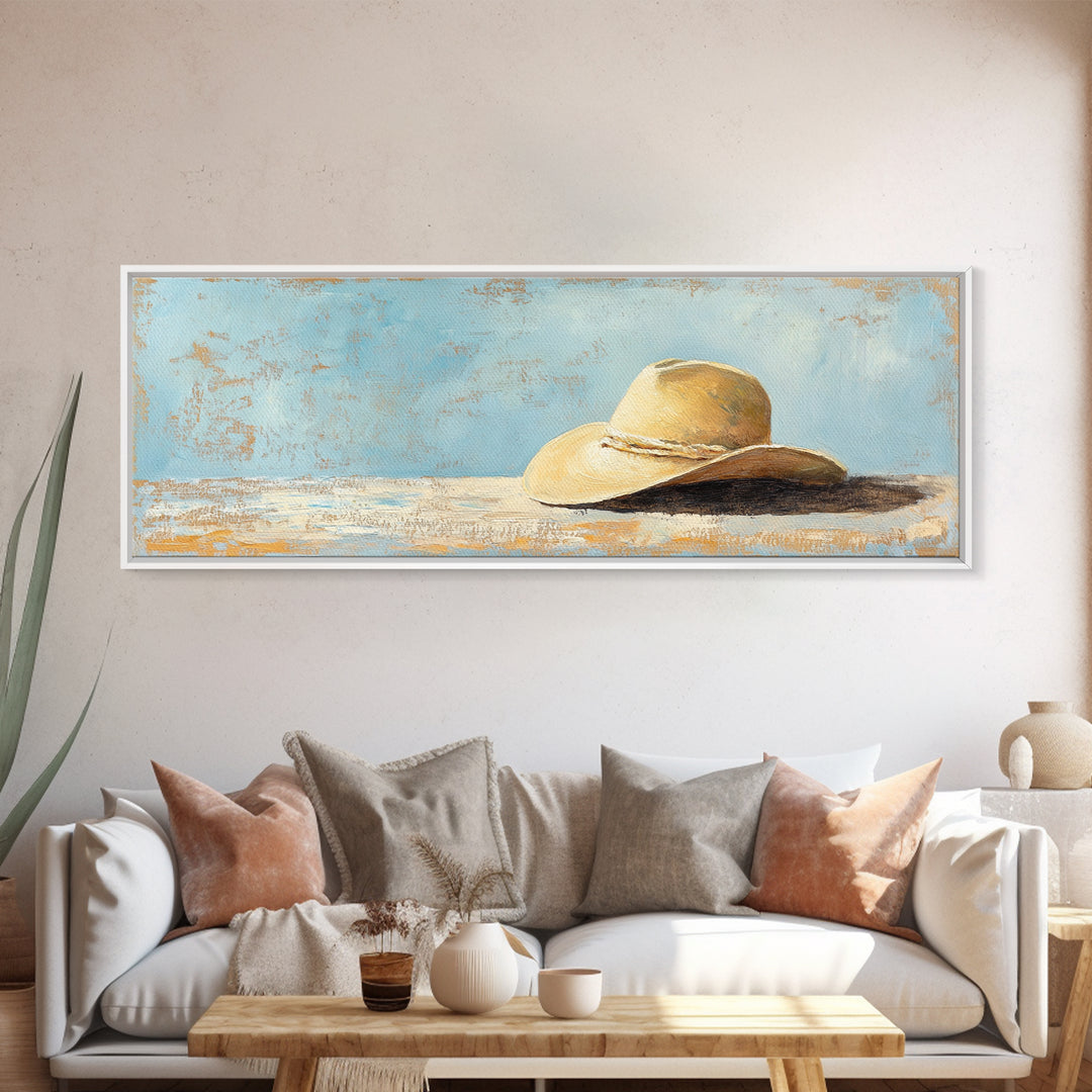 Wide Brim Straw Hat Wall Art, Neutral Coastal Decor, Beach House Print, Summer Bedroom Decor, Minimalist Canvas Gift For Her