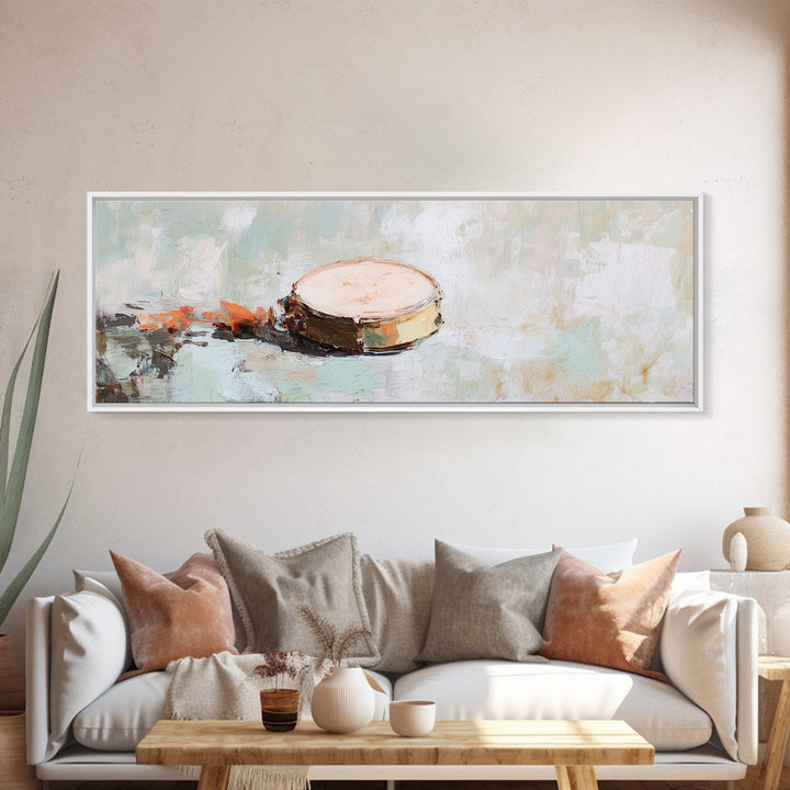 Rustic Hand Drum Framed Canvas Print, Boho Music Wall Art, Earth Tone Instrument Decor, Textured Contemporary Painting Print