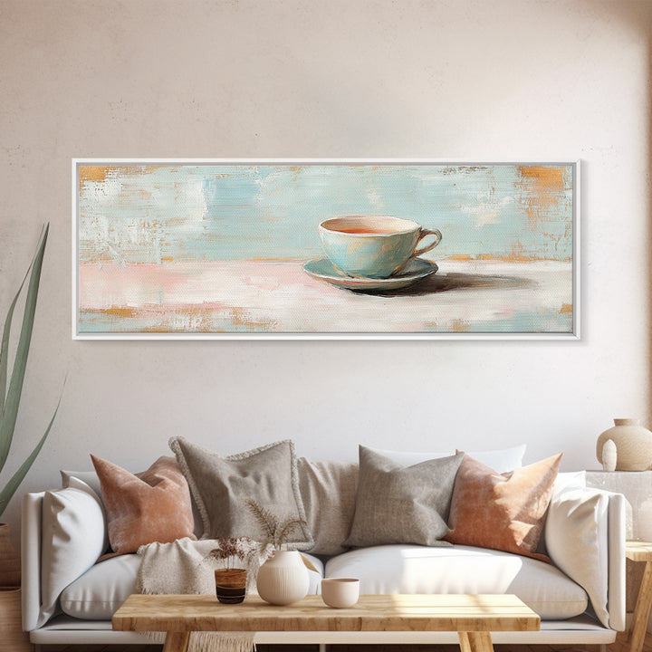 Pastel Teacup Still Life Wall Art, Cozy Coffee Bar Decor, Minimalist Kitchen Canvas Print, Soft Neutral Home Decor Housewarming Gift