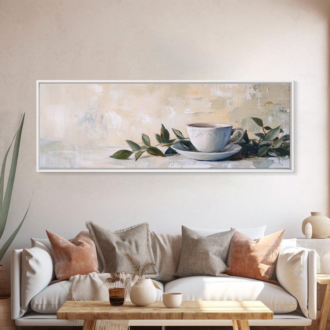 White Teacup With Green Leaves Canvas Print, Neutral Kitchen Wall Art, Rustic Home Decor, Cozy Cafe Art, Housewarming Gift