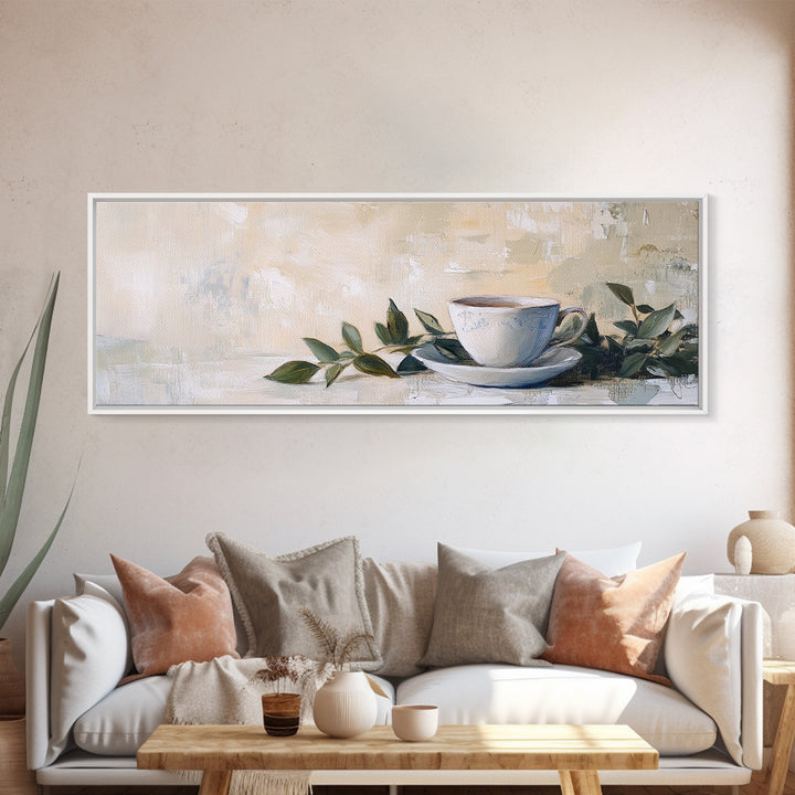 White Teacup With Green Leaves Canvas Print, Neutral Kitchen Wall Art, Rustic Home Decor, Cozy Cafe Art, Housewarming Gift