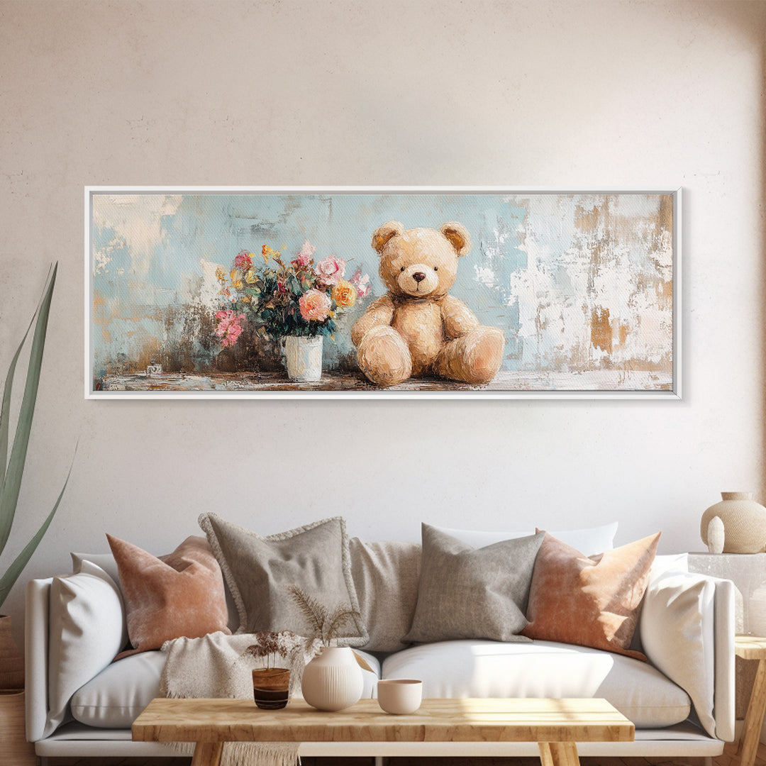 Teddy Bear With Flower Vase Canvas Print, Nursery Wall Art, Whimsical Kids Room Decor, Baby Shower Gift, Cute Animal Art