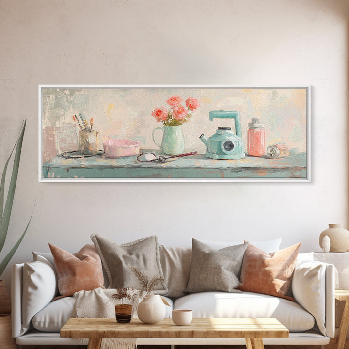 Pastel Vanity Shelf With Flowers Framed Canvas Print, Feminine Bathroom Wall Art, Beauty Room Decor, Gift For Her, Girly Decor