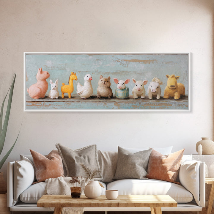 Cute Toy Animal Lineup Canvas Print, Whimsical Nursery Wall Art, Kids Room Decor, Playroom Art, Baby Animal Gift For Her