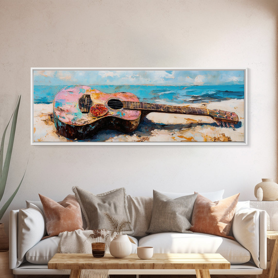 Weathered Acoustic Guitar On Beach Canvas Print, Coastal Wall Art, Music Room Decor, Ocean Art Print, Gift For Guitar Lover