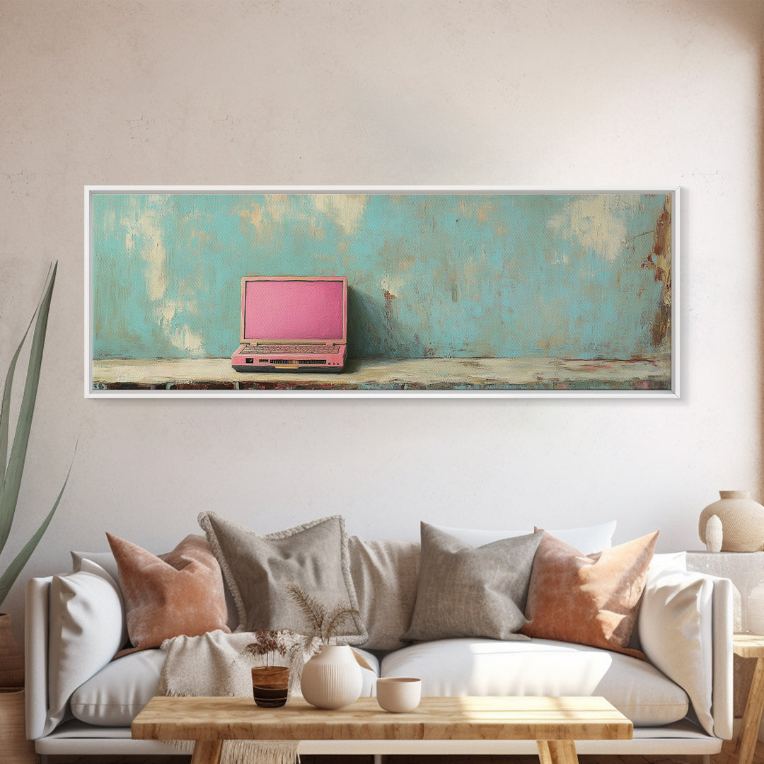 Pink Retro Laptop On Teal Shelf Wall Art, Minimalist Office Decor, Tech Art Print, Dorm Room Decor, Modern Wall Decor Gift