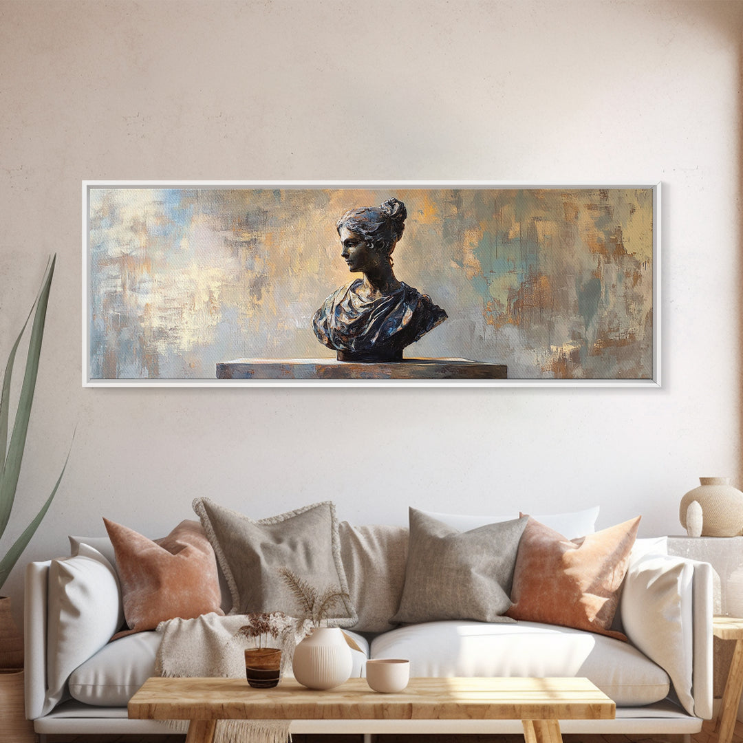 Classical Woman Bust Sculpture Framed Canvas Print, Dark Academia Wall Art, Museum Style Decor, Office Art, Timeless Gift