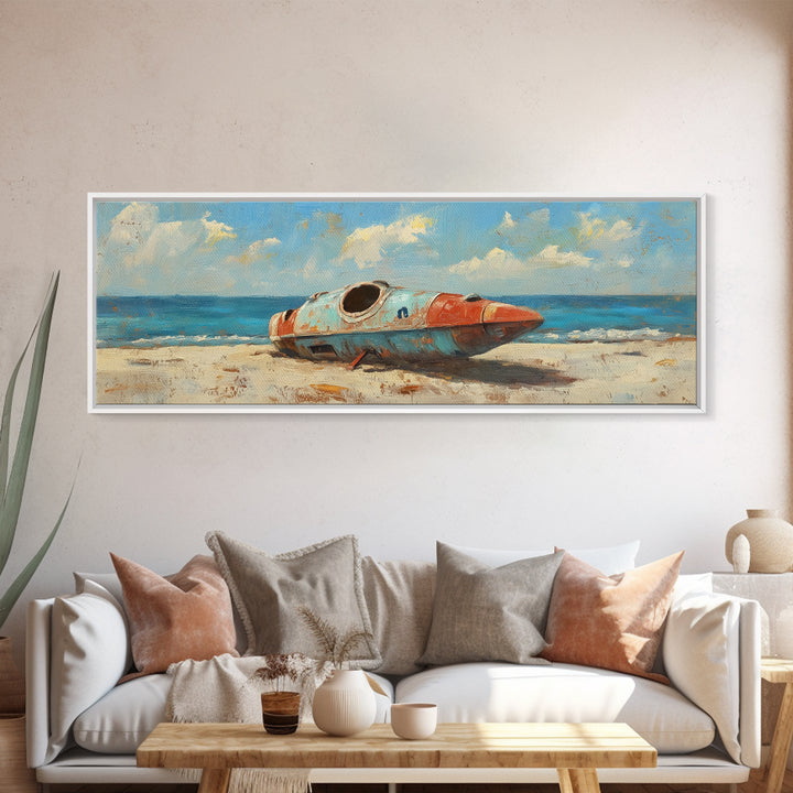 Retro Space Capsule On Beach Canvas Print, Coastal Sci Fi Wall Decor, Space Wall Art, Ocean Decor, Gift For Him, Beach House Decor