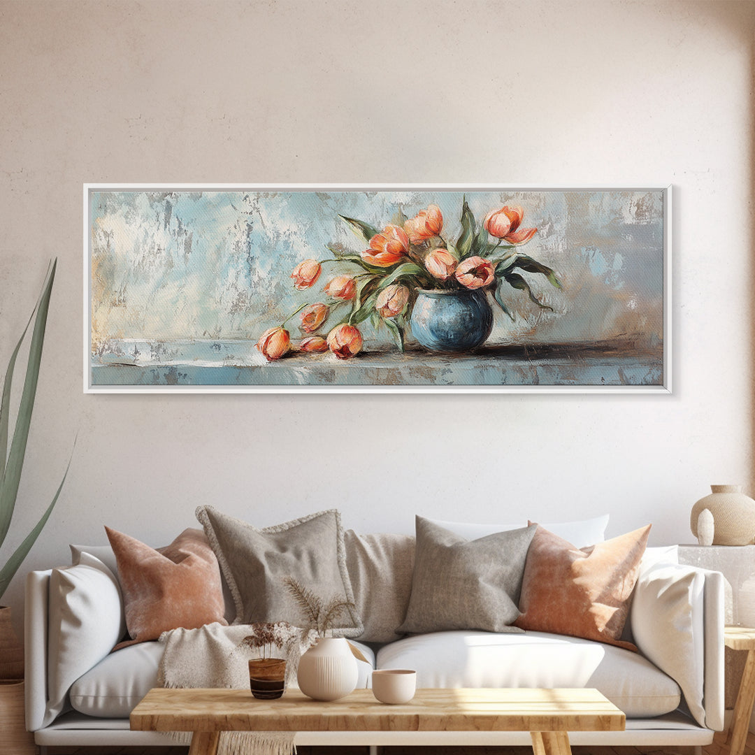 Orange Tulips In Blue Vase Framed Canvas Print, Rustic Floral Wall Art, Farmhouse Decor, Still Life Painting Gift For Her