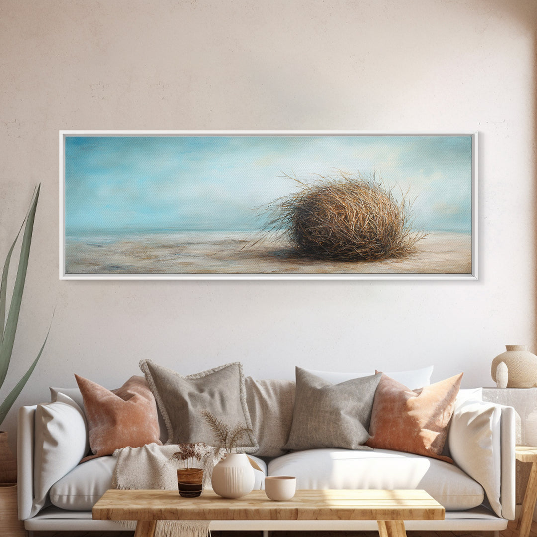 Coastal Tumbleweed On Sandy Shore Canvas Print, Neutral Beach Wall Art, Seascape Decor, Calm Ocean Landscape Painting Gift
