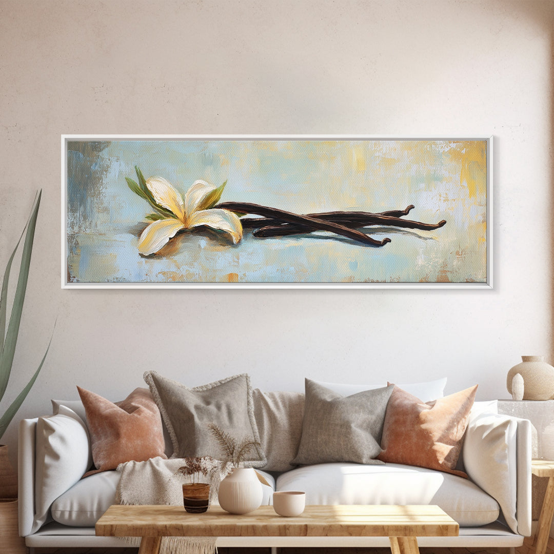 Vanilla Blossom And Bean Pods Framed Canvas Print, Kitchen Wall Art, Botanical Decor, Minimalist Food Art Print Gift For Her